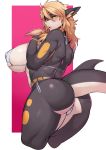  2019 absurd_res anthro big_breasts bikini blonde_hair blush border breasts butt cervina7_(artist) clothed clothing ear_piercing female fish hair hi_res huge_breasts marine muscular nipple_outline open_mouth piercing shark simple_background skimpy solo swimsuit 