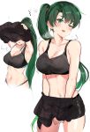  1girl blush bra breasts cleavage fire_emblem fire_emblem:_rekka_no_ken green_eyes green_hair high_ponytail highres long_hair lyndis_(fire_emblem) navel nintendo one_eye_closed ormille panties ponytail shorts solo underwear undressing 