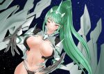  1girl armor bangs breasts elbow_gloves gem gloves green_eyes green_hair hair_ornament headpiece highres huge_breasts inoriofthewild jewelry large_breasts long_hair navel night nintendo pneuma_(xenoblade_2) ponytail revealing_clothes shoulder_armor sideboob sky solo spoilers star_(sky) starry_sky swept_bangs tiara very_long_hair xenoblade_(series) xenoblade_2 