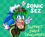  big_breasts blaster_master_zero_2 blush breasts cleavage clothed clothing cosplay crossgender cuisine eulipotyphlan flower green_eyes grin hedgehog kanna_(blaster_master) mammal missphase peace_sign_(disambiguation) plant simple_background smile sonic_(series) sonic_the_hedgehog text 