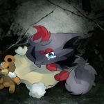  ambiguous_gender canid canine cotton digital_media_(artwork) feral fur grey_background isolation lying mammal multicolored_fur nintendo pillow pok&eacute;mon pok&eacute;mon_(species) sad simple_background solo tears teddiursa teddy_bear video_games wire zoroa553 zorua 