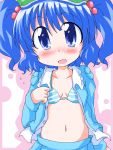  blue_eyes blue_hair blush bra embarrassed geetsu kawashiro_nitori open_clothes touhou twintails underwear 