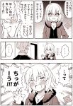  ... 1boy 1girl ahoge alternate_costume amasawa_natsuhisa anger_vein blush comic commentary_request facial_hair fate_(series) feather_trim hand_on_hip hands_up highres james_moriarty_(fate/grand_order) jeanne_d&#039;arc_(alter)_(fate) jeanne_d&#039;arc_(fate)_(all) jewelry monochrome mustache necklace open_mouth shaded_face short_hair smirk spoken_ellipsis sweatdrop translation_request 