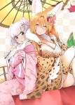  2girls adapted_costume alternate_hair_length alternate_hairstyle animal_ear_fluff animal_ears black_eyes blonde_hair breasts bridal_gauntlets can chinese_zodiac commentary_request dango food fur_collar gloves hair_between_eyes hayashi_(l8poushou) highres japanese_clothes kemono_friends kimono large_breasts legs_crossed long_hair looking_at_viewer multiple_girls older open_mouth oriental_umbrella parted_lips pig_(kemono_friends) pig_ears print_kimono print_legwear serval_(kemono_friends) serval_ears serval_print sitting smile thighhighs umbrella wagashi white_gloves white_hair wide_sleeves year_of_the_pig yellow_eyes 