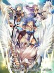  3girls aqua_hair armor armored_dress bangs blue_eyes blue_hair braid breastplate cape commentary_request company_connection copyright_name dress elbow_gloves fire_emblem fire_emblem:_fuuin_no_tsurugi fire_emblem_cipher gloves headband holding holding_weapon horn long_hair looking_at_viewer multiple_girls nagahama_megumi nintendo official_art open_mouth outdoors pegasus_knight polearm ponytail purple_hair shiny shiny_hair short_hair shoulder_armor siblings skirt smile tate_(fire_emblem) thany_(fire_emblem) thighhighs weapon yuno_(fire_emblem) 