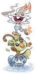  black_eyes blue_eyes bunny commentary creature creatures_(company) curlypie english_commentary fire flame full_body game_freak gen_8_pokemon grookey nintendo no_humans pokemon pokemon_(creature) pokemon_on_head scorbunny signature sobble standing water 