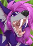  2019 alternate_version_at_source anthro black_nose canid canine digital_media_(artwork) hair lycangel mammal open_mouth pink_eyes pink_hair solo teeth tongue 