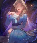  1girl blue_dress blue_eyes blush braid breasts clothes_lift cloud cloudy_sky commentary cowboy_shot disney dress elsa_(frozen) english_commentary expressionless fingernails floating frown frozen_(disney) frozen_ii_(disney) grey_background hair_slicked_back hand_on_hip hand_on_own_shoulder kawacy long_dress long_sleeves looking_at_viewer medium_breasts moon night night_sky see-through simple_background single_braid sky snowflake_print solo sparkle_print standing twitter_username water waves white_hair 