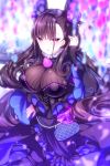  1girl bangs black_dress blurry blurry_foreground blush breasts brown_hair closed_mouth commentary_request depth_of_field dress eyebrows_visible_through_hair fate/grand_order fate_(series) frilled_dress frills hair_between_eyes hair_ornament hand_up kabocha_usagi large_breasts long_hair long_sleeves looking_at_viewer murasaki_shikibu_(fate) purple_eyes sidelocks sleeves_past_wrists solo two_side_up very_long_hair wide_sleeves 