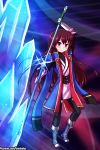  1girl black_pants blazblue blue_footwear blush brown_hair commentary cosplay english_commentary gloves ice jin_kisaragi_(cosplay) kantai_collection katana kisaragi_(kantai_collection) kisaragi_jin long_hair lumineko namesake pants purple_eyes smile sword uniform weapon white_gloves yukianesa 