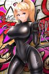  &gt;:) 1girl bangs black_bodysuit black_gloves blonde_hair blue_eyes bodysuit breasts brick_wall cameltoe clenched_hands closed_mouth contrapposto covered_navel cowboy_shot damao_yu eyebrows_visible_through_hair fighting_stance gloves gluteal_fold graffiti headband highres impossible_bodysuit impossible_clothes large_breasts long_hair looking_at_viewer original parted_bangs ponytail sidelocks skin_tight skindentation smile smug solo thigh_strap v-shaped_eyebrows 