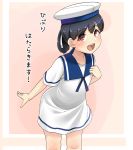 1girl black_hair blue_sailor_collar brown_eyes brown_hair commentary_request dress eyebrows_visible_through_hair hair_between_eyes hat hiburi_(kantai_collection) highres kantai_collection looking_at_viewer low_ponytail open_mouth ponytail ryuun_(stiil) sailor_collar sailor_dress sailor_hat short_hair short_sleeves simple_background smile solo translation_request white_dress white_headwear 