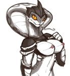  2019 alien anthro armor breasts clothed clothing female half-length_portrait long_tongue looking_at_viewer naga nipples non-mammal_breasts portrait reccand reptile scalie shoulder_pad simple_background snake snake_hood solo standing tongue tongue_out video_games viper_(x-com) white_background x-com yellow_eyes 