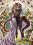  2019 5_fingers anthro blonde_hair blue_eyes canid canine canis cheetah clothed clothing day detailed_background digital_media_(artwork) digitigrade dress duo felid feline female gosetsuki grass hair hi_res hug male male/female mammal outside romantic_couple smile standing wedding_dress wolf 