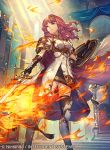  1girl arm_guards armor armored_boots bangs black_gloves black_legwear boots breastplate cape celica_(fire_emblem) closed_mouth commentary_request company_connection copyright_name dress fingerless_gloves fire fire_emblem fire_emblem_cipher fire_emblem_echoes:_mou_hitori_no_eiyuuou gloves holding holding_shield holding_sword holding_weapon indoors jewelry long_hair nintendo official_art red_eyes red_hair shield short_sleeves standing sword thighhighs umiu_geso weapon zettai_ryouiki 