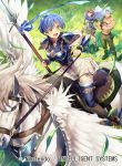  1girl 2boys arm_guards armor bangs bare_shoulders blue_eyes blue_hair breastplate cape commentary_request company_connection copyright_name crossed_arms day dieck fire_emblem fire_emblem:_fuuin_no_tsurugi fire_emblem_cipher grass green_hair headband holding holding_weapon multiple_boys muscle nagahama_megumi nintendo official_art open_mouth outdoors pants pegasus pegasus_knight polearm red_hair roy_(fire_emblem) scar short_hair short_sleeves shoulder_armor skirt smile spear thany_(fire_emblem) thighhighs weapon white_skirt zettai_ryouiki 
