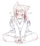  3_toes 4_fingers anthro barefoot blush breasts clothing feet female hair hi_res japanese_text kemono long_hair looking_at_viewer mammal pawpads paws silinder simple_background sitting skirt solo sweater text toes white_background シリンダ 