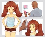  1boy 1girl brown_eyes brown_hair camisole cellphone engawa_oishii hands_on_hips mind_control open_mouth original phone pink_eyes short_shorts shorts smartphone thigh_gap twintails unbuttoned 