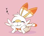  ambiguous_gender anthro barefoot blush buckteeth eyes_closed fur kaittycat lagomorph long_ears lying mammal nintendo on_front on_ground pink_background pok&eacute;mon pok&eacute;mon_(species) scorbunny simple_background smile solo teeth video_games 