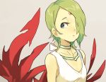  1girl blue_eyes breasts breath_of_fire breath_of_fire_v closed_mouth commentary_request dress facial_mark full_body_tattoo green_hair hair_over_one_eye kanyoko_(yuzukano_17) nina_(breath_of_fire_v) red_wings short_hair simple_background solo tattoo white_dress wings 