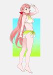  1girl akashi_(kantai_collection) arm_up ass back bangs bare_arms bare_legs bare_shoulders barefoot bikini blush breasts collarbone commentary eyebrows_visible_through_hair green_eyes hair_between_eyes hair_ribbon highres kantai_collection large_breasts long_hair looking_at_viewer ojipon open_mouth pink_hair ribbon side-tie_bikini simple_background solo standing swimsuit symbol_commentary tress_ribbon v very_long_hair white_background 
