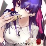  1girl bangs blueberry breasts cake collared_shirt commentary_request eating eyebrows_visible_through_hair fate/stay_night fate_(series) food food_on_clothes food_on_face fruit hair_between_eyes hair_ribbon happy_birthday head_tilt highres holding holding_food long_hair looking_at_viewer matou_sakura messy pink_ribbon polo_shirt purple_eyes purple_hair ribbon shirt short_sleeves slice_of_cake solo stain strawberry upper_body utayoi_(umakatare) white_shirt 