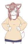  4_fingers anthro blue_skirt blush breasts brown_hair clothing female green_eyes hair hi_res japanese_text kemono looking_at_viewer mammal silinder simple_background smile solo standing sweater text white_background yellow_sweater シリンダ 