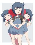  1girl bangs black_shirt blue_hair border bow constanze_amalie_von_braunschbank-albrechtsberger eyes_closed feet_out_of_frame green_eyes hair_bow hands_together index_finger_raised little_witch_academia multiple_views open_mouth overall_shorts overalls popopo red_bow shirt short_sleeves smile solo waving white_border 