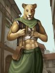  abs alekksandar clothed clothing conditional_dnp felid female fully_clothed hi_res lion mammal muscular muscular_female pantherine red_eyes solo 