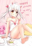  &gt;_&lt; 1girl :q ahoge animal_ear_fluff animal_ears bangs bare_arms bare_legs bare_shoulders barefoot blush breasts brown_eyes cake camisole cat_ears cat_girl cat_hair_ornament cat_tail cleavage closed_mouth collarbone commentary_request dated eyebrows_visible_through_hair eyes_closed feet fingernails food food_on_finger frilled_pillow frills hair_between_eyes hair_ornament hair_ribbon hand_up happy_birthday heart heart_ahoge highres legs long_hair original pillow plate red_ribbon ribbon short_shorts shorts silver_hair sitting small_breasts smile soles solo strap_slip stuffed_animal stuffed_cat stuffed_toy tail tongue tongue_out twintails white_camisole white_shorts wrist_cuffs xiaosamiao 