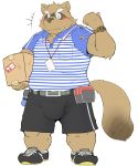  2013 absurd_res anthro blush brown_fur bulge canid canine clothing fur hi_res humanoid_hands male mammal raccoon_dog shiike999 shirt shorts simple_background slightly_chubby solo tanuki white_background 