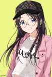  1girl baseball_cap black_hair black_headwear blue_eyes brown-framed_eyewear buttons closed_mouth clothes_writing commentary_request earrings gen_(enji) glasses hat highres hoop_earrings idolmaster idolmaster_shiny_colors jacket jewelry long_hair long_sleeves looking_at_viewer mitsumine_yuika open_clothes open_jacket pink_jacket round_eyewear shirt simple_background solo twitter_username upper_body white_shirt wing_collar yellow_background 