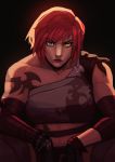  1girl absurdres bandage bandaged_arm bandages bangs black_background commission final_fantasy final_fantasy_xiv freckles gloves heterochromia highres lips looking_at_viewer midriff parted_lips qt0ri red_hair roegadyn short_hair sitting solo sweat tattoo 