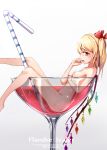  1girl artist_name ass biting blonde_hair blood breasts character_name crystal cup drinking_straw finger_biting flandre_scarlet from_side highres in_container in_cup leg_up long_hair nipples nude red_eyes side_ponytail small_breasts snozaki solo thighs touhou vampire wings 