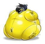  2019 3_toes 4_fingers ambiguous_gender anthro black_hair black_nose blush clothed clothing digital_drawing_(artwork) digital_media_(artwork) fur hair hi_res hyaenid inflatable lockheedskunk mammal nozzle rubber sheena_(lockheedskunk) simple_background solo toes white_background yellow_eyes yellow_sclera 