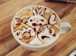  coffee creatures_(company) cup drink ears game_freak gen_8_pokemon george_(yamamoto_kazuki) grookey latte_art looking_at_viewer nintendo no_humans open_mouth photo pokemon pokemon_(creature) scorbunny smile sobble unconventional_media 