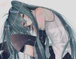  1girl 2019 bare_shoulders black_skirt blue_eyes blue_hair blue_neckwear blush character_name copyright_name dated detached_sleeves english_text expressionless eyebrows_visible_through_hair grey_background hair_between_eyes hands_on_own_knees hatsune_miku heart highres ichijiku_(user_yhjw8354) leaning_forward long_hair necktie number_tattoo shirt shoulder_tattoo simple_background skirt solo tattoo text_focus thighhighs twintails very_long_hair vocaloid white_shirt 