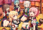  5girls :d ;) alternate_hairstyle aqua_hair arm_warmers ascot back_bow bang_dream! bangs black_gloves black_ribbon blonde_hair blue_bow blue_eyes blue_ribbon bow brown_hair clothing_request commentary_request cup cushion earrings elbow_gloves feathers fingerless_gloves floral_print gloves green_bow green_eyes hair_feathers hair_ribbon half_updo hikawa_hina index_finger_raised japanese_clothes jewelry looking_at_another looking_at_viewer low_ponytail maruyama_aya mujun_atama multiple_girls one_eye_closed open_mouth orange_bow pastel_palettes petals pink_eyes pink_hair ponytail purple_bow purple_eyes ribbon sakazuki seiza shirasagi_chisato short_sleeves sidelocks sitting smile sunset twitter_username v-shaped_eyebrows vase veranda wakamiya_eve white_hair white_neckwear yamato_maya 