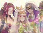  1boy 2girls animal_ears arrow black_gloves breasts brother_and_sister bunny_ears cleavage closed_mouth dark_skin dark_skinned_male easter_egg egg fake_animal_ears fire_emblem fire_emblem_heroes flower gloves grey_hair hair_flower hair_ornament hand_on_another&#039;s_head hat hikashi10_nsk holding holding_arrow holding_staff large_breasts loki_(fire_emblem_heroes) mask multiple_girls mysterious_man_(fire_emblem) nintendo one_eye_closed parted_lips purple_eyes purple_hair red_eyes siblings staff veronica_(fire_emblem) white_gloves 