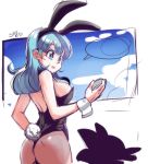  1boy 1girl animal_ears ass back bangs black_leotard blue_eyes blue_hair breasts bulma bunny_ears bunny_girl bunny_tail bunnysuit dragon_ball dragon_ball_(classic) dragon_radar eyeshadow fake_animal_ears from_behind height_difference leotard long_hair makeup medium_breasts out_of_frame pantyhose sheer_legwear sho-n-d sideboob solo_focus son_gokuu spiked_hair strapless strapless_leotard tail teenage wrist_cuffs 