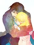  1boy 1girl amestris_military_uniform black_coat black_hair blonde_hair blood blood_on_face bloody_clothes coat colorful eyebrows_visible_through_hair eyes_closed frown fullmetal_alchemist gloves gradient highres hug injury open_mouth poko_(adtyuri1998) riza_hawkeye roy_mustang sad short_hair simple_background sitting sobbing sweatdrop teeth upper_body white_background white_gloves 