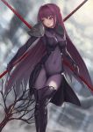  absurdres bare_tree bodysuit breasts cloud cloudy_sky covered_navel dual_wielding fate/grand_order fate_(series) gae_bolg hair_intakes highres holding holding_weapon large_breasts leotard long_hair looking_to_the_side nekobell outdoors pauldrons polearm purple_bodysuit purple_hair purple_leotard red_eyes scathach_(fate)_(all) scathach_(fate/grand_order) shoulder_armor sky spear tree volcano weapon 