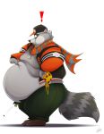  ! anthro baseball_cap belly belly_overhang big_belly big_butt butt button_pop chubby_cheeks claws clothed clothing dog_tags facial_markings food fur grey_fur hat holding_food holding_object jargonicedragon love_handles male mammal markings mask_(marking) midriff moobs obese obese_male overweight overweight_male pizza poking procyonid raccoon ringtail rocky_ramos scarf simple_background solo squish standing thick_thighs toe_claws white_background 
