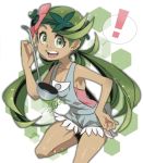  ! 1girl :d breasts cleavage collarbone creatures_(company) dark_skin fingernails flower game_freak green_eyes green_hair hand_on_hip holding holding_ladle isamu-ki_(yuuki) ladle leg_up long_hair looking_at_viewer mao_(pokemon) nintendo open_mouth overalls pink_flower pokemon pokemon_(game) pokemon_sm signature smile solo speech_bubble spoken_exclamation_mark teeth thighs trial_captain twintails 