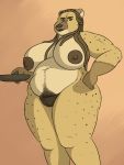  anthro belly big_breasts big_thighs breasts brown_fur cooking dreadlocks female fur hairy hyaenid lipstick makeup mammal mature_female muscular nipples oystercatcher7 pan pubes pussy simple_background slightly_chubby solo spots 