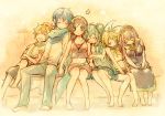  2boys 4girls :o bare_legs barefoot belt blonde_hair blue_hair blue_scarf blush blush_stickers breast_squeeze breasts brown_hair coat couch crossed_arms eyebrows_visible_through_hair eyes_closed full_body hair_ribbon hand_holding hatsune_miku interlocked_fingers kagamine_len kagamine_rin kaito leaning leaning_on_person locked_arms long_hair megurine_luka meiko multiple_boys multiple_girls navel necktie open_mouth pants pink_hair ribbon sandwiched scarf sepia short_hair simple_background sitting skirt sleeping sleeping_on_person star strapless surprised tsuyuka_(sunny_spot) tubetop vocaloid white_ribbon wide-eyed yellow_neckwear 