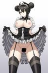  1girl agent_(girls_frontline) apron black_hair breasts censored commentary cowboy_shot double_bun english_commentary eyebrows eyebrows_visible_through_hair garter_belt garter_straps girls_frontline gloves large_breasts looking_at_viewer maid maid_apron maid_headdress nipples zofe 