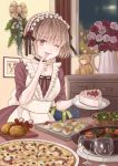  1girl ;p apron box breasts cake chest_of_drawers choker city_lights cleavage commentary_request cup curtains dress drinking_glass finger_licking flower food frilled_choker frills fruit gift gift_box hair_between_eyes hairband head_tilt holding holding_plate indoors karaage kisshou_mizuki leaning licking light_brown_hair lolita_hairband looking_at_viewer maid maid_apron night nigirizushi one_eye_closed original picture_frame pinecone pink_flower pink_rose pizza plate purple_dress purple_eyes red_flower red_rose rose salad short_hair small_breasts smile solo standing stew strawberry stuffed_animal stuffed_toy sushi table teddy_bear tongue tongue_out vase whipped_cream window wine_glass 