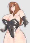  1girl ahoge artist_request bangs bare_shoulders blush breasts brown_hair collarbone curvy dominatrix empty_eyes femdom gloves green_eyes highres huge_breasts leotard long_hair looking_at_viewer navel plump solo thick_thighs thighs whip 