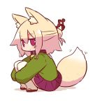  1girl animal_ear_fluff animal_ears bangs bell bell_collar blush brown_collar brown_footwear closed_mouth collar commentary_request eyebrows_visible_through_hair fox_ears fox_girl fox_tail full_body green_shirt hair_between_eyes hair_bun hair_ornament jingle_bell kemomimi-chan_(naga_u) leg_hug long_sleeves looking_at_viewer looking_to_the_side naga_u original pleated_skirt purple_skirt red_eyes ribbon-trimmed_legwear ribbon_trim sailor_collar shadow shirt sidelocks skirt sleeves_past_fingers sleeves_past_wrists solo squatting tail tail_raised thighhighs white_background white_legwear white_sailor_collar 